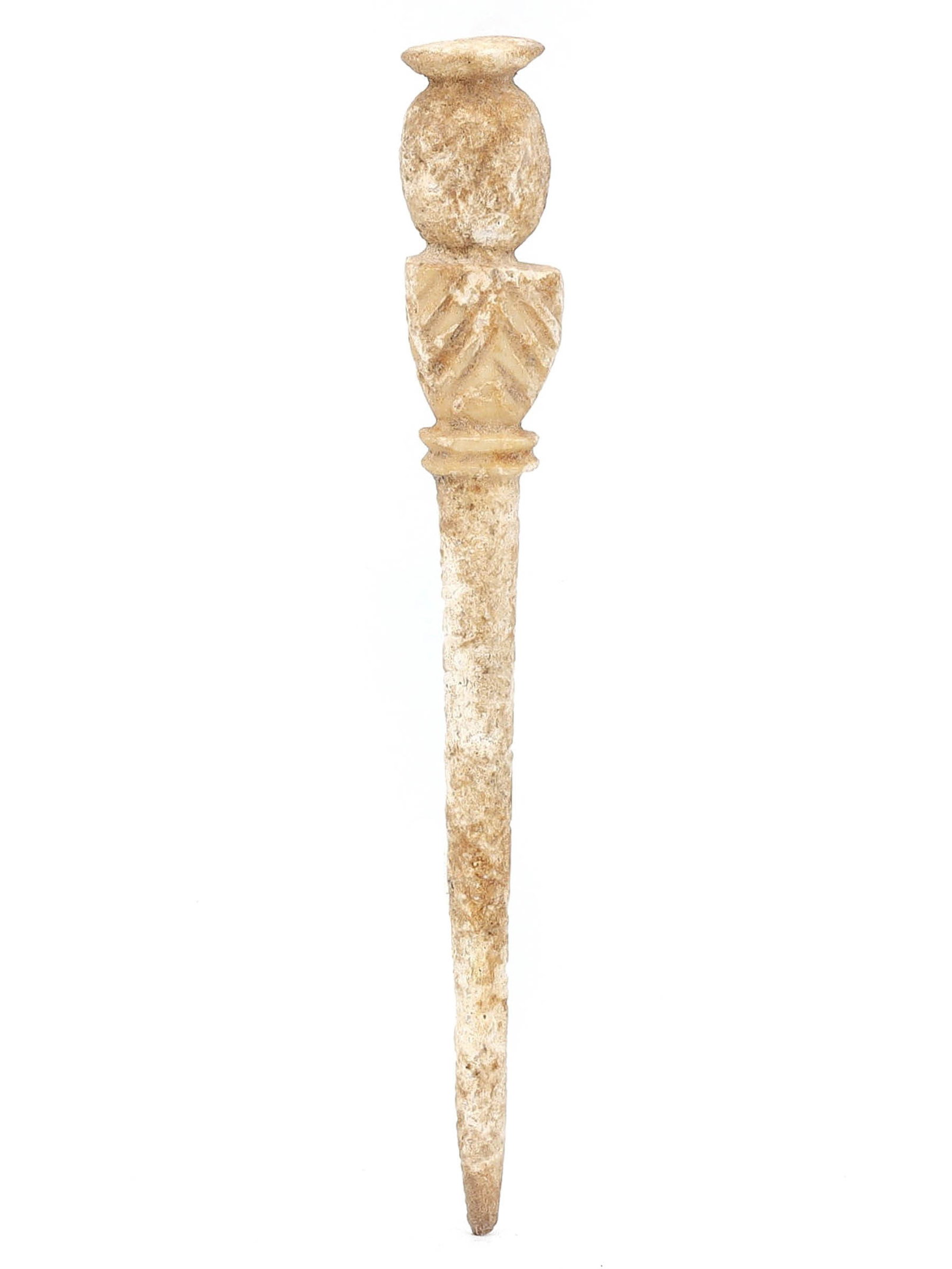Romano-Egyptian Coptic Whale Bone Hairpin with Vessel Pattern (4th-7th Century AD): This ancient Romano-Egyptian Coptic hairpin, standing 9 cm tall (approximately 3.54 inches), is meticulously carved from whale bone. It dates back to the 4th-7th century AD, a time when the Coptic cul