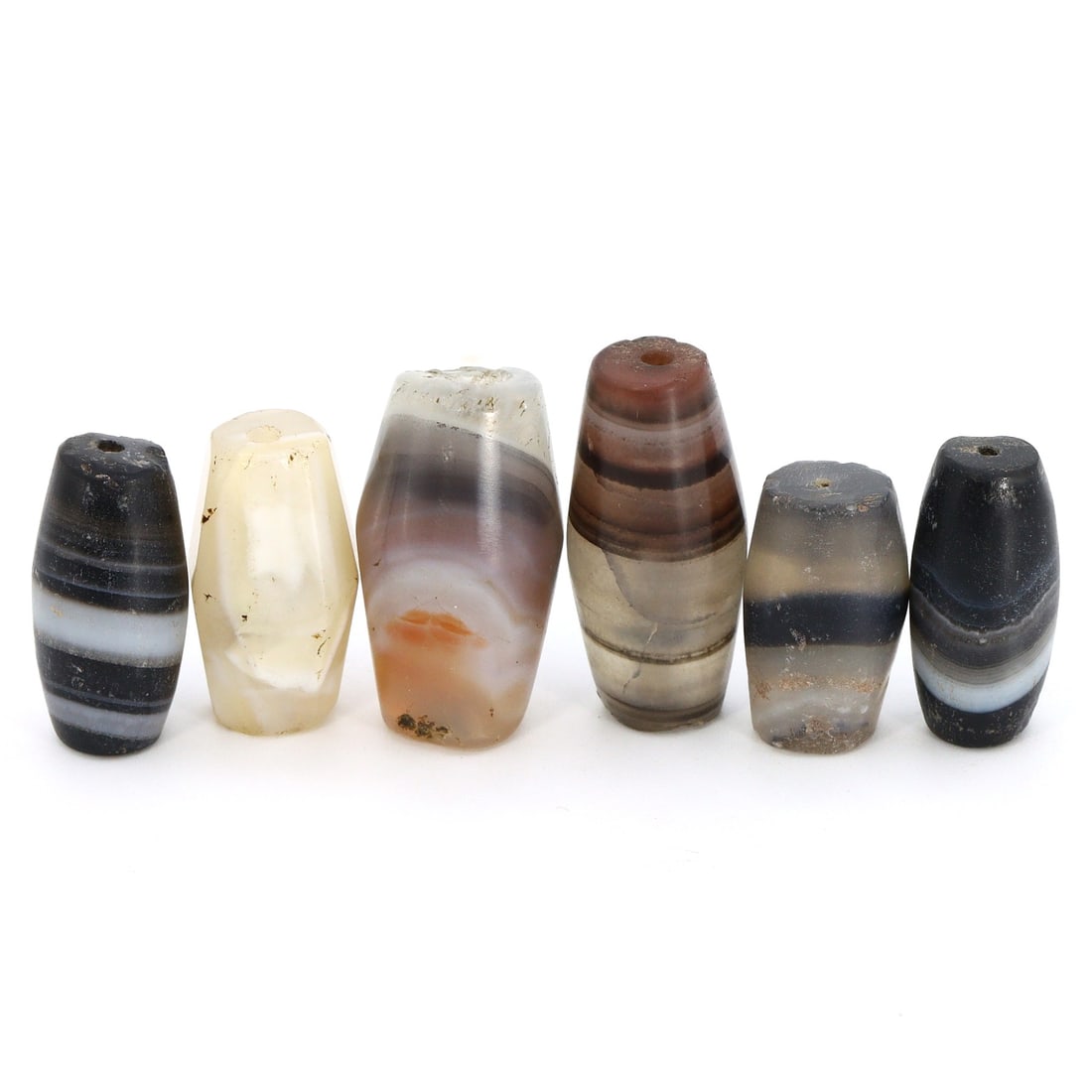 Tibetan Antique Banded Agate Dzi Bead Collection (18th-20th Century AD): Collection of Tibetan antique dzi beads, originating from the 18th to the 20th century AD. This collection consists of 6 exquisite banded agate beads, each with dimensions ranging from 16mm to 25mm. D