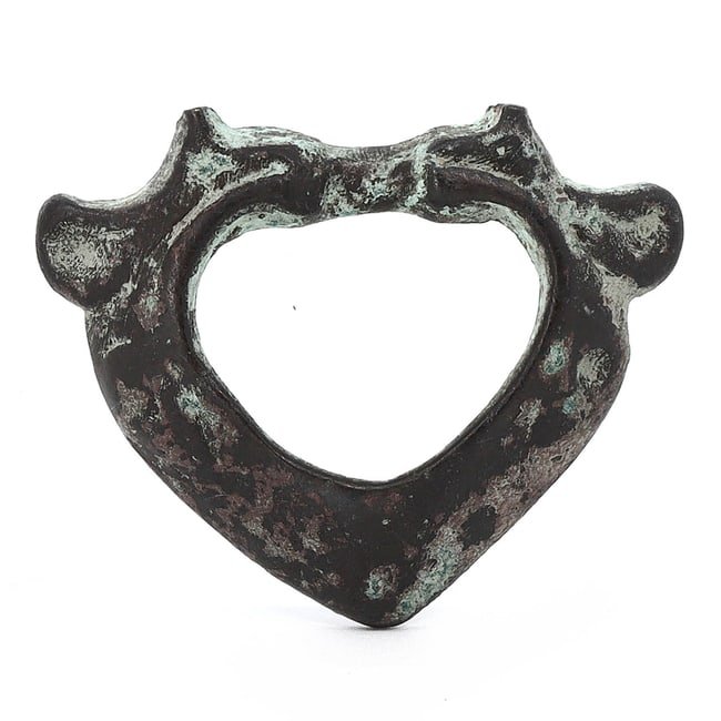 Viking Era Heart-Shaped Openwork Bronze Artifact (793-1066 AD): This unique heart-shaped openwork artifact, hailing from the Viking era, measures 4x3.2 cm or approximately 1.57x1.26 inches. It is made of bronze and embodies the Norse aesthetic, often symbolic and 