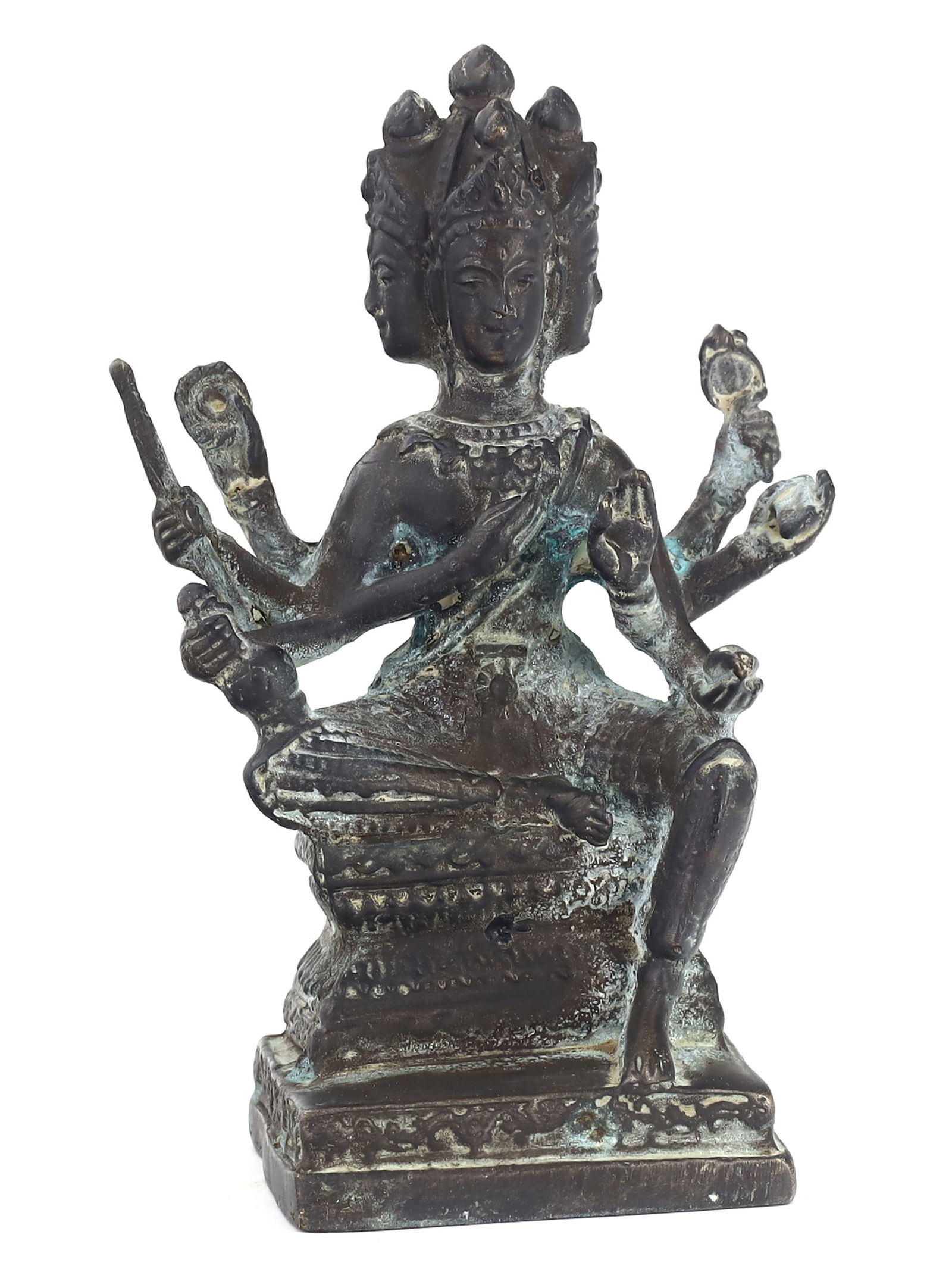 Southeast Asian Antique Brahma Deity Statuette (20th AD): This 20th-century Southeast Asian statuette portrays Brahma, the creator god in Hinduism, known for his four faces, each looking in a cardinal direction. The figure, standing at 15 cm tall, 9 cm wide,
