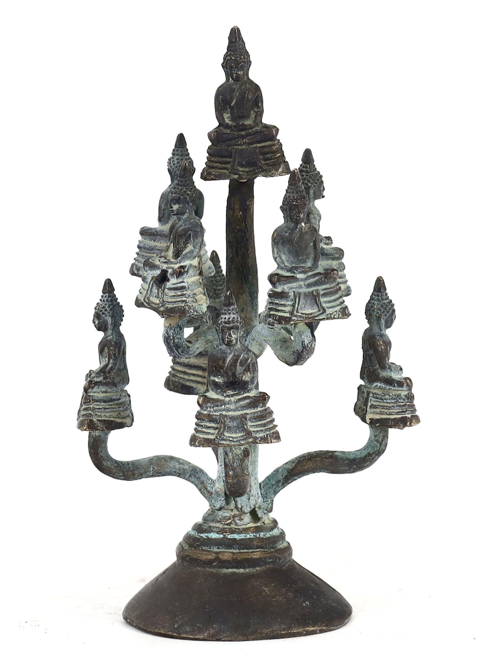Southeast Asian Antique Bronze Buddha Pagoda Tree (Mid-20th Century AD): This exquisite Southeast Asian bronze Buddha pagoda tree stands at a compact size of 13x6 cm or approximately 5.12x2.36 inches. Crafted from high-quality bronze or brass, the item hails from the mid-2