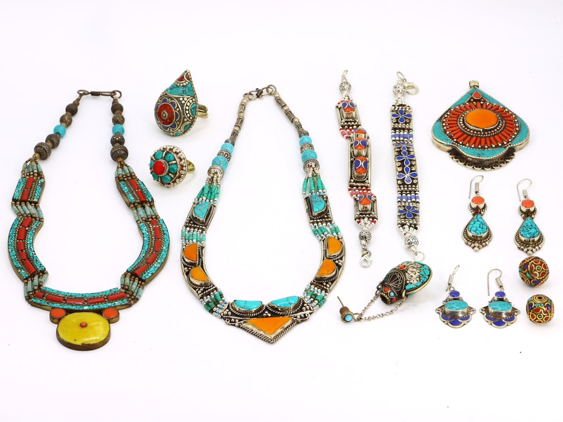 Group of 12 Tibetan & Central Asian Jewelry Pieces, Complimentary Shipping,with - Free Shipping (1 of 4)