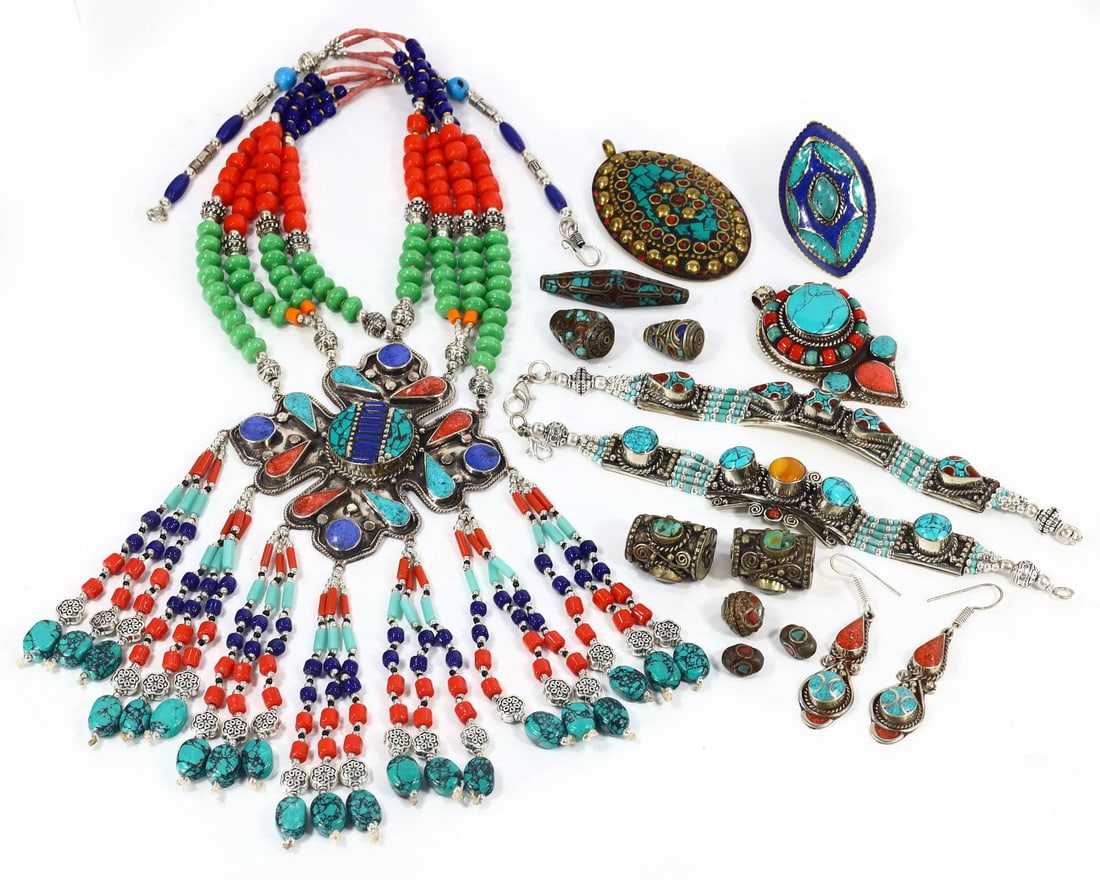 Group of 15 Vibrant Tibetan and Central Asian Artisanal Jewelry Artifacts,with - Free Shipping: Dimension: 26 inches Introduction: Delve into the depths of cultural artistry with this vibrant collection of 15 pieces, which includes 1 necklace, 2 bracelets, 1 pair of earrings, 2 pendants, 2 rings