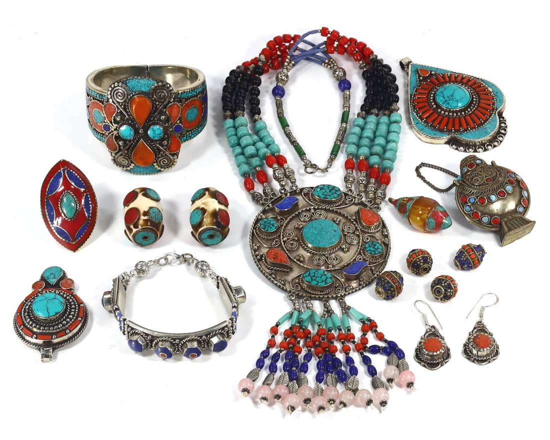 Group of 15 Tibetan, Himalayan & Central Asian Jewelry Pieces,with - Free Shipping: Dimension: 26 inches Introduction: This exquisite collection of 15 pieces of Tibetan, Himalayan, and Central Asian jewelry captures the spiritual essence and artistic craftsmanship of the regions. The