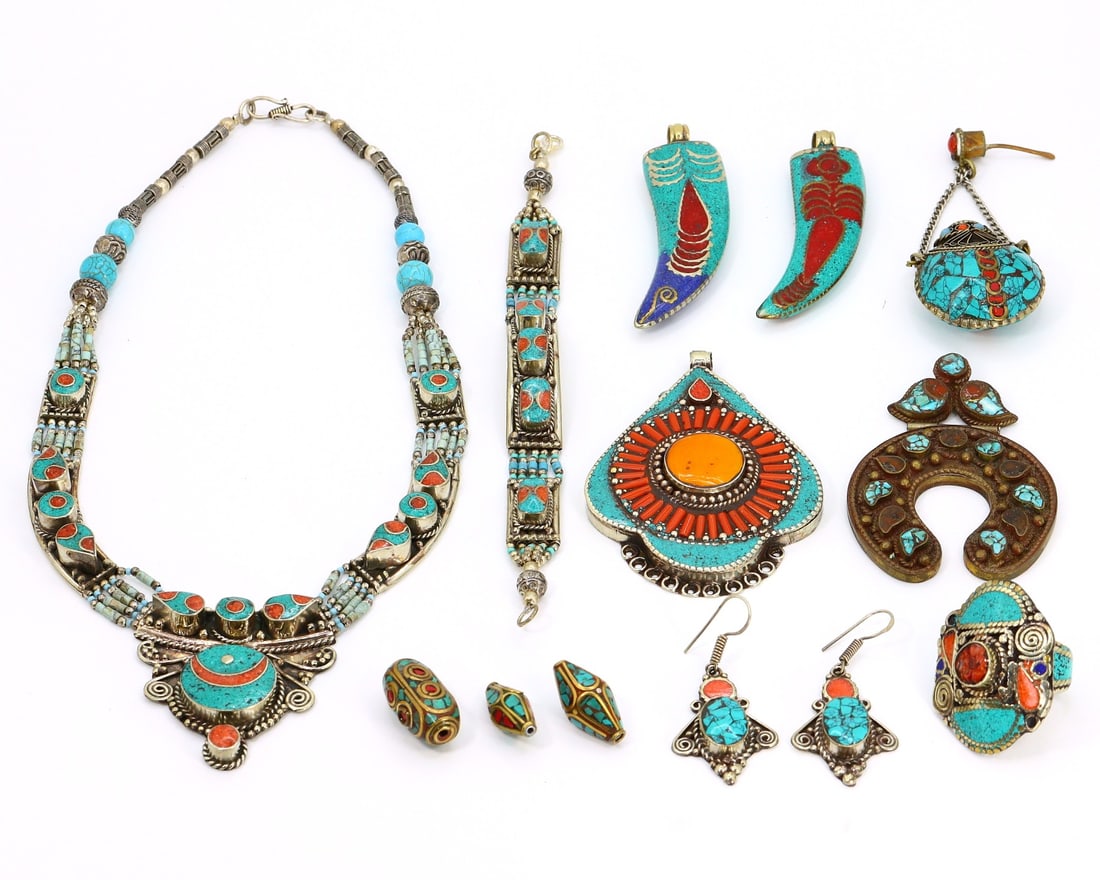 Group of 12 Tibetan & Central Asian Jewelry Pieces,  - Free Shipping (1 of 3)