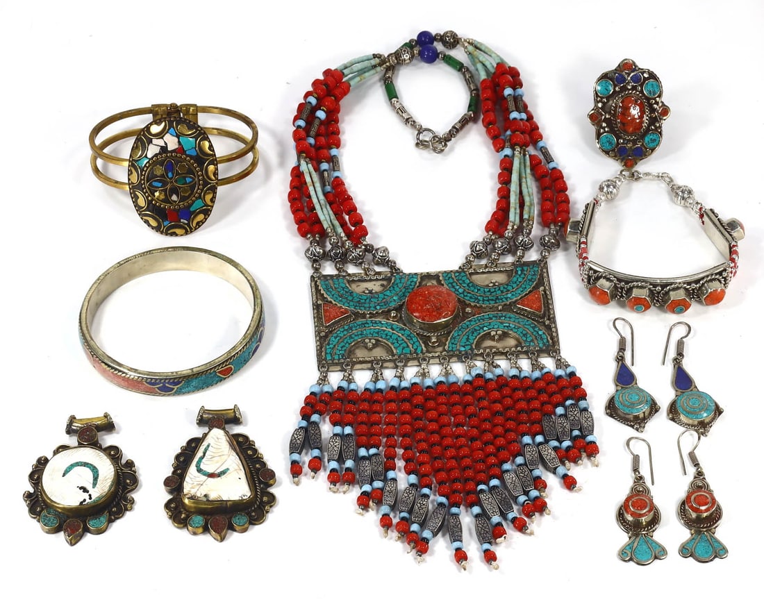 Group of 9 Tibetan and Central Asian Traditional Jewelry Pieces,with - Free Shipping: Dimension: 25 inches Introduction: Immerse yourself in the rich cultural tapestry of Tibet, the Himalayas, and Central Asia with this exquisite collection of jewelry. Spanning from traditional Tibetan