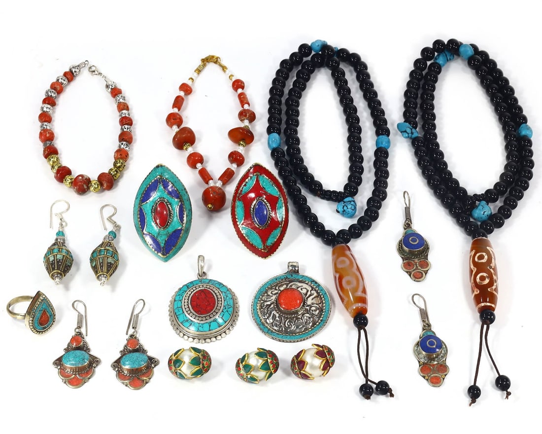 Group of 15 Tibetan & Central Asian Gemstone Jewelry Pieces,with - Free Shipping: Dimension: 15 inches Introduction: Unveiling a journey through the Himalayas to the heart of Central Asia, this lot presents 15 jewelry pieces, each a window into a world where every bead and gem, thi