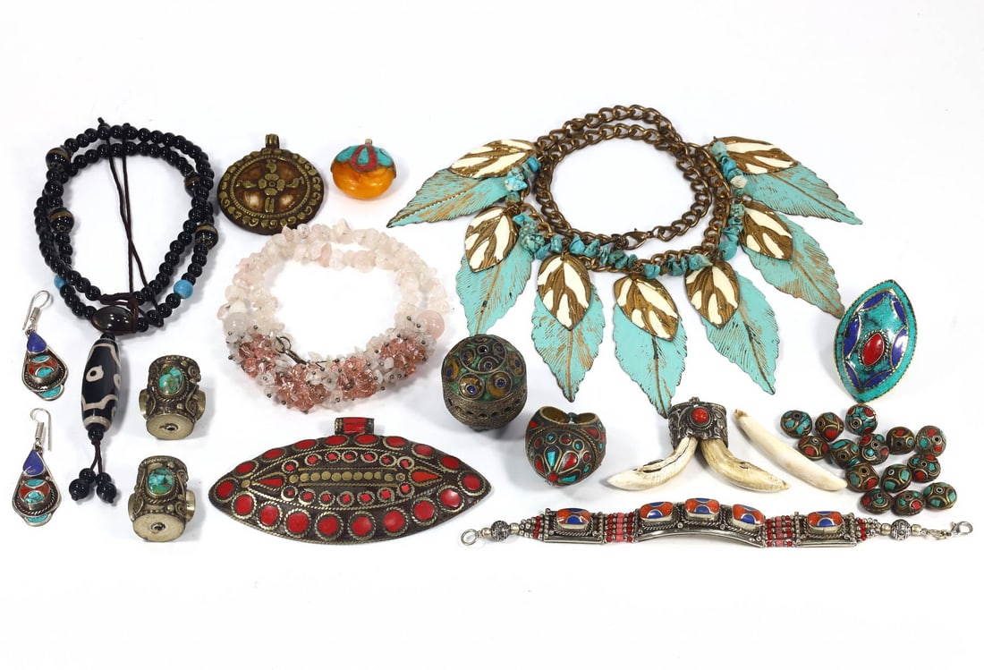 Group of 29 Tibetan & Central Asian Jewelry Pieces,with - Free Shipping: Dimension: 18 inches Introduction: This extensive lot of 29 jewelry pieces transports collectors to the high altitudes and spiritual depths of Tibet, the Himalayas, and Central Asia, this collection s