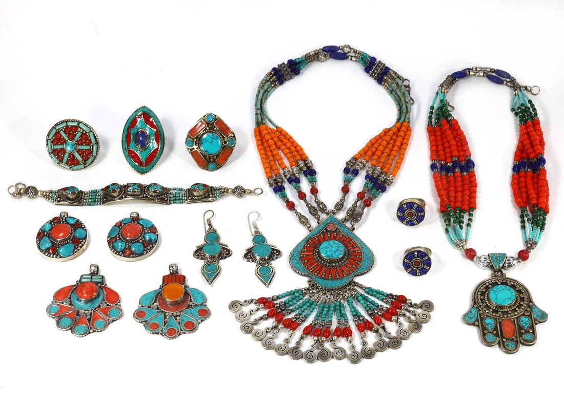 Group of 13 Tibetan & Central Asian Jewelry Artifacts with,with - Free Shipping (1 of 3)