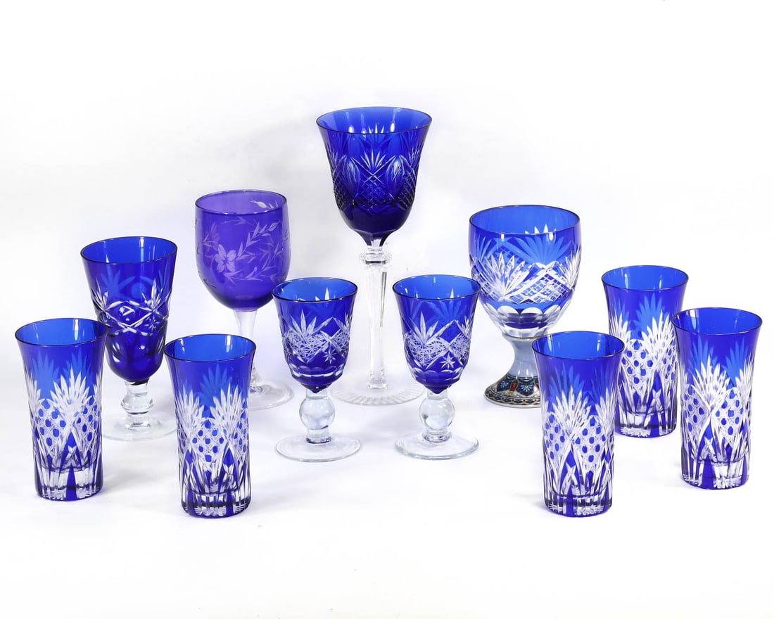 Group of 11 Cobalt Blue Cut Glass Drinkware Pieces ,with - Free Shipping (1 of 2)