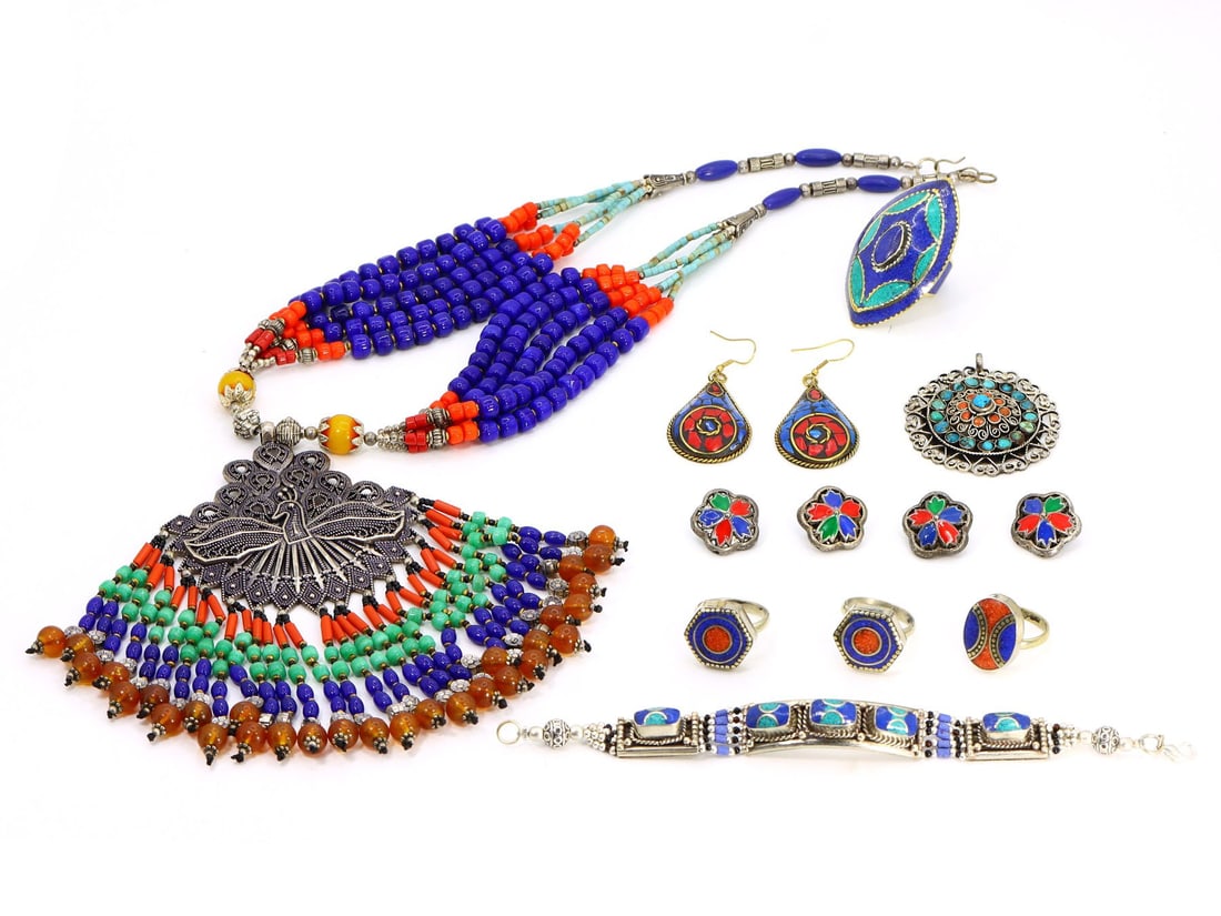 Group of 12 Tibetan & Central Asian Ornate Jewelry Pieces with,with - Free Shipping (1 of 4)