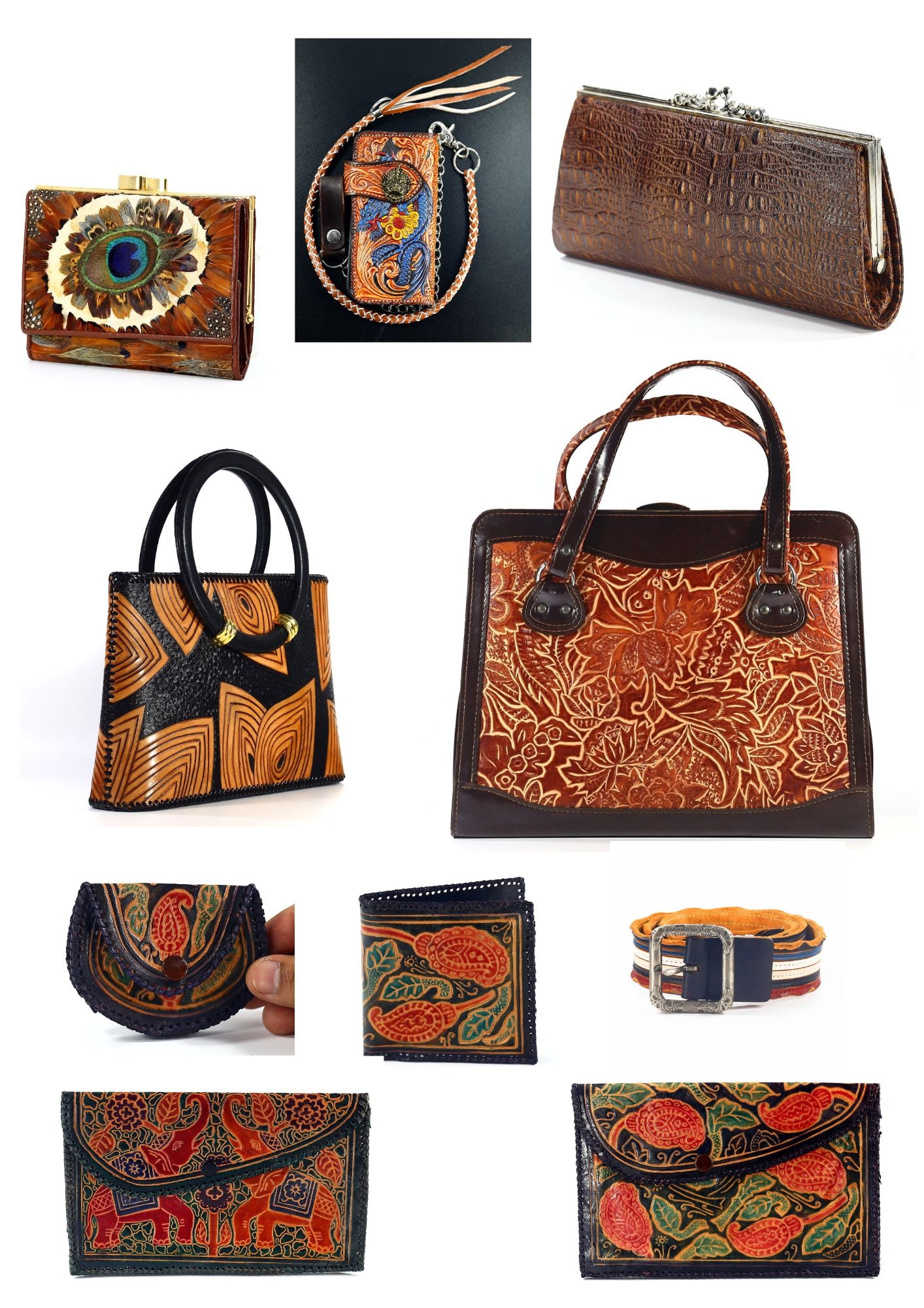Group of 10 Handcrafted Leather Bags and Accessories, With - free shipping (1 of 17)