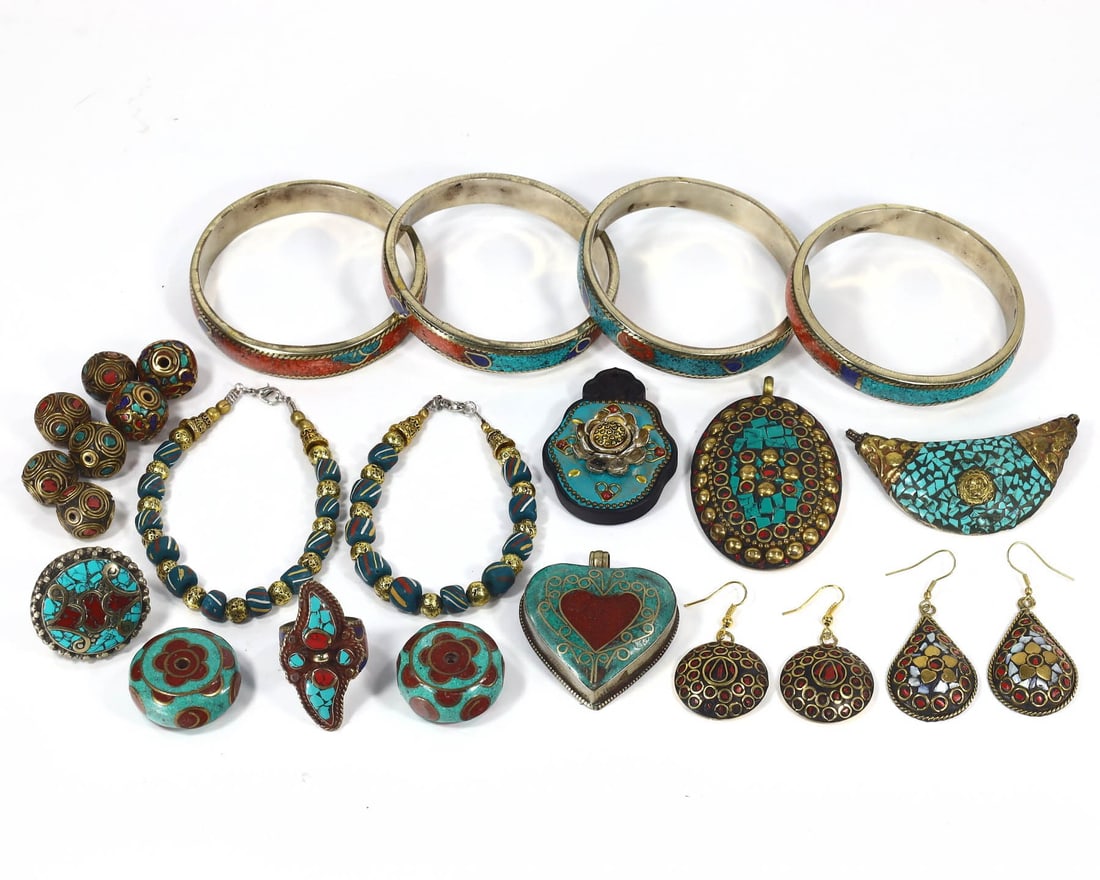 Group of 22 Tibetan & Central Asian Jewelry Artifacts,with - Free Shipping: Dimension: 8 inches Introduction: Dive into the rich cultural tapestry of the Tibetan, Himalayan, and Central Asian regions with this exquisite collection of 22 pieces of traditional jewelry. Spanning