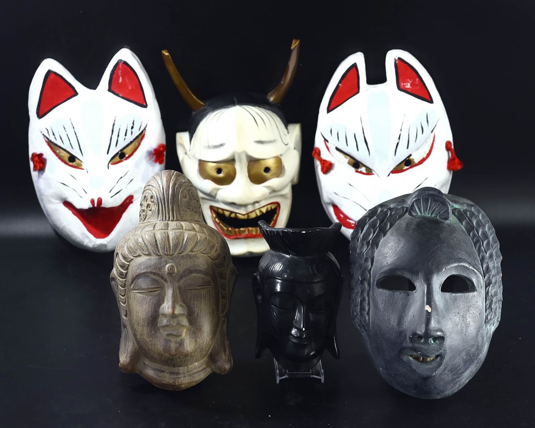 Group of 6 Masks - A Fusion of Eastern Traditions and Craftsmanship,With - free shipping (1 of 3)