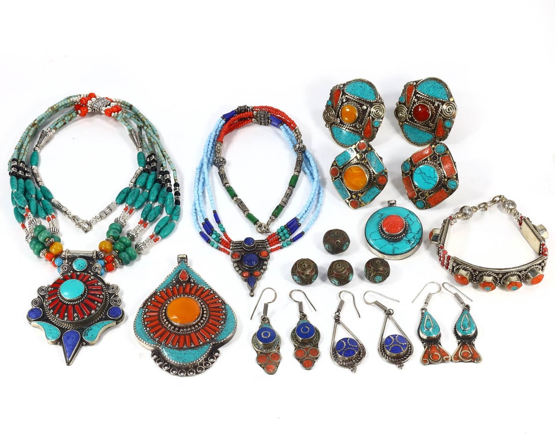 Group of 16 Exquisite Tibetan & Central Asian Jewelry Pieces, with - Free Shipping (1 of 3)