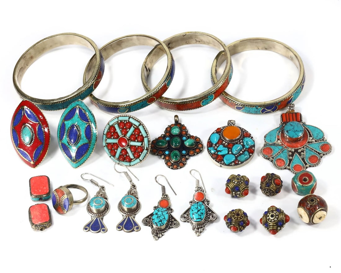 Group of 21 Exquisite Tibetan & Central Asian Jewelry Pieces, with - Free Shipping: Dimension: 2.8 inches Introduction: Encompassing the vibrant essence of Tibetan, Himalayan, and Central Asian artistry,in dimension. Within this array, collectors will find 4 bracelets, 2 pairs of ear