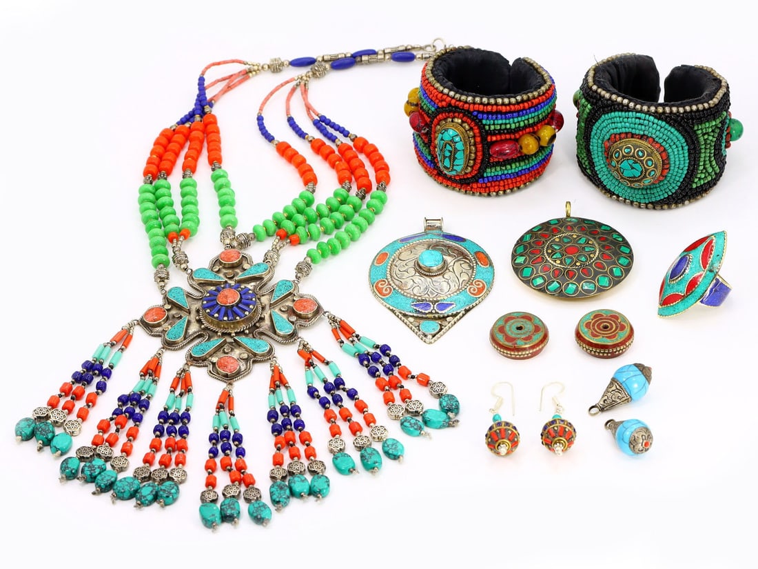 Group of 11 Ornate Tibetan & Central Asian Jewelry Pieces,  - Free Shipping (1 of 5)