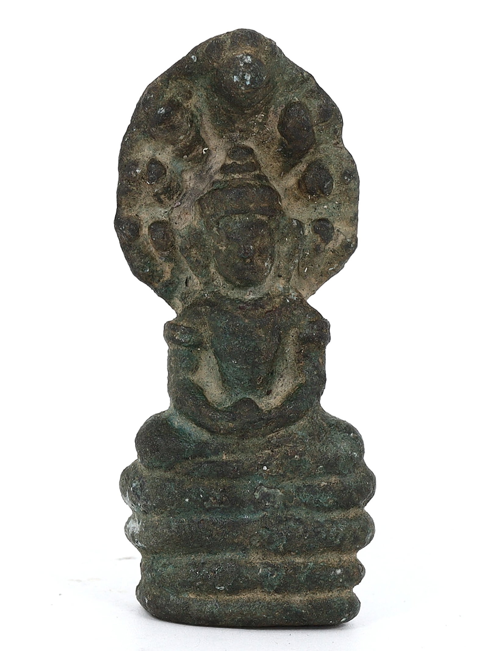 Antique Southeast Asian Bronze Naga Buddha, 15th-17th Century AD: This bronze statuette, standing 5.5 cm tall and 2 cm wide (2.17 inches by 0.79 inches), represents a deity seated on a seven-headed snake, known as Naga. Dating from the 15th to 17th century, the figu
