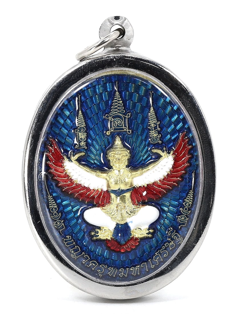 Southeast Asian Garuda Wealth Talisman Amulet (18th-19th Century): This vibrant Southeast Asian talisman, 5.5 cm by 5 cm by 1 cm in size (approximately 2.17 x 1.97 x 0.39 inches), is believed to feature Phraya Garuda Setthi, a symbol of wealth. The talisman, from the