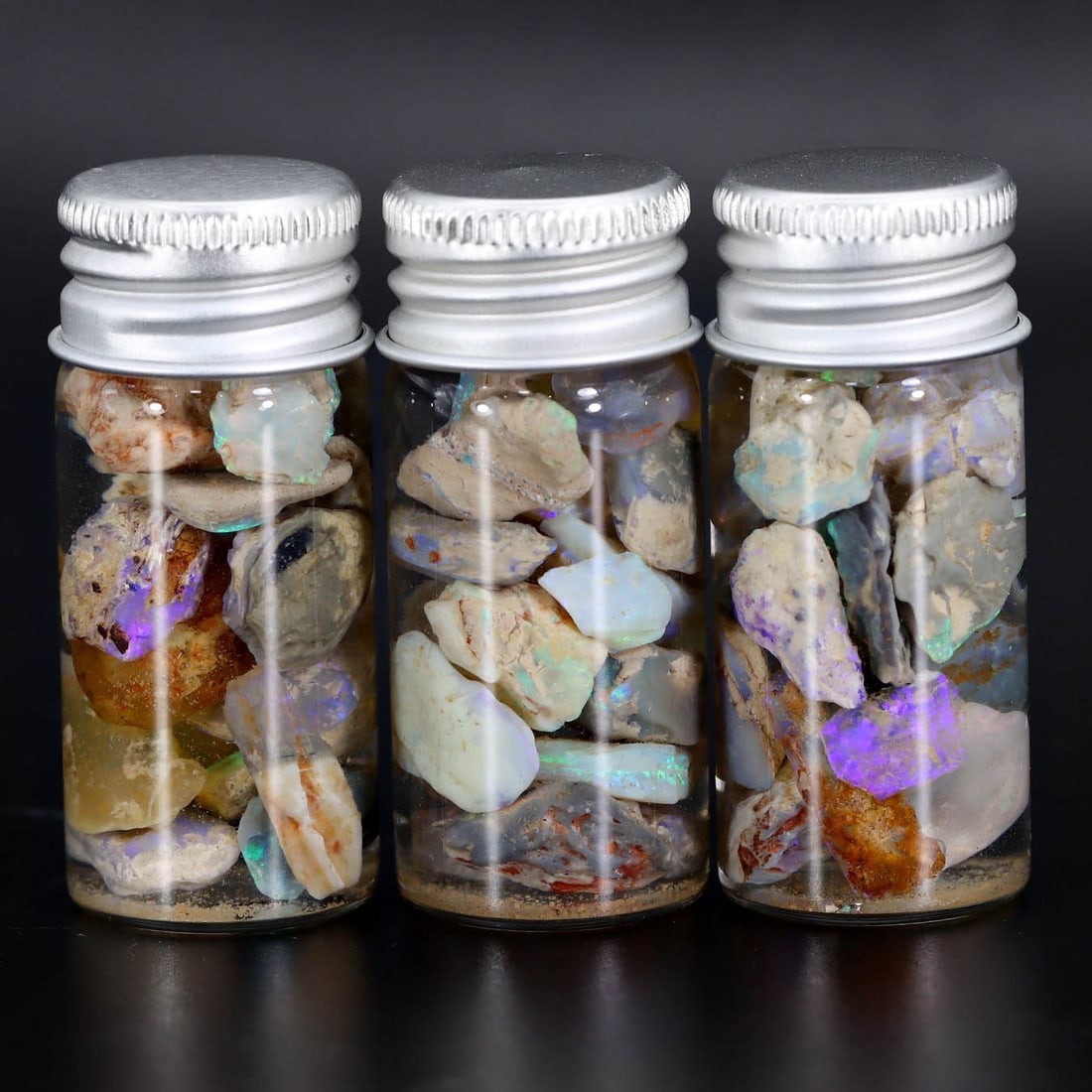 Lightning Ridge Black Opal Rough Specimens in Jars (1 of 2)