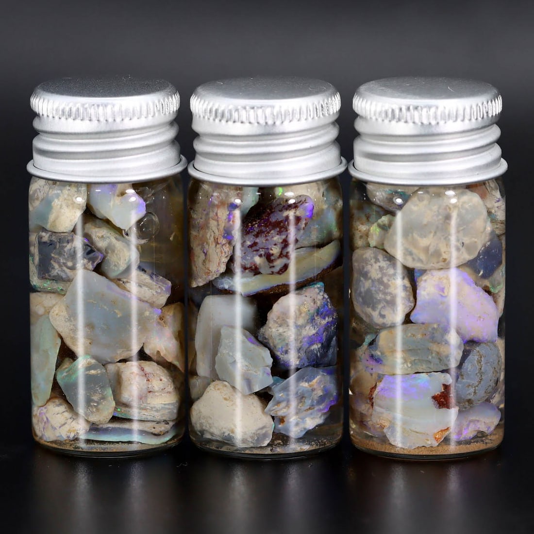 Lightning Ridge Black Opal Rough Specimens in Jars (1 of 2)