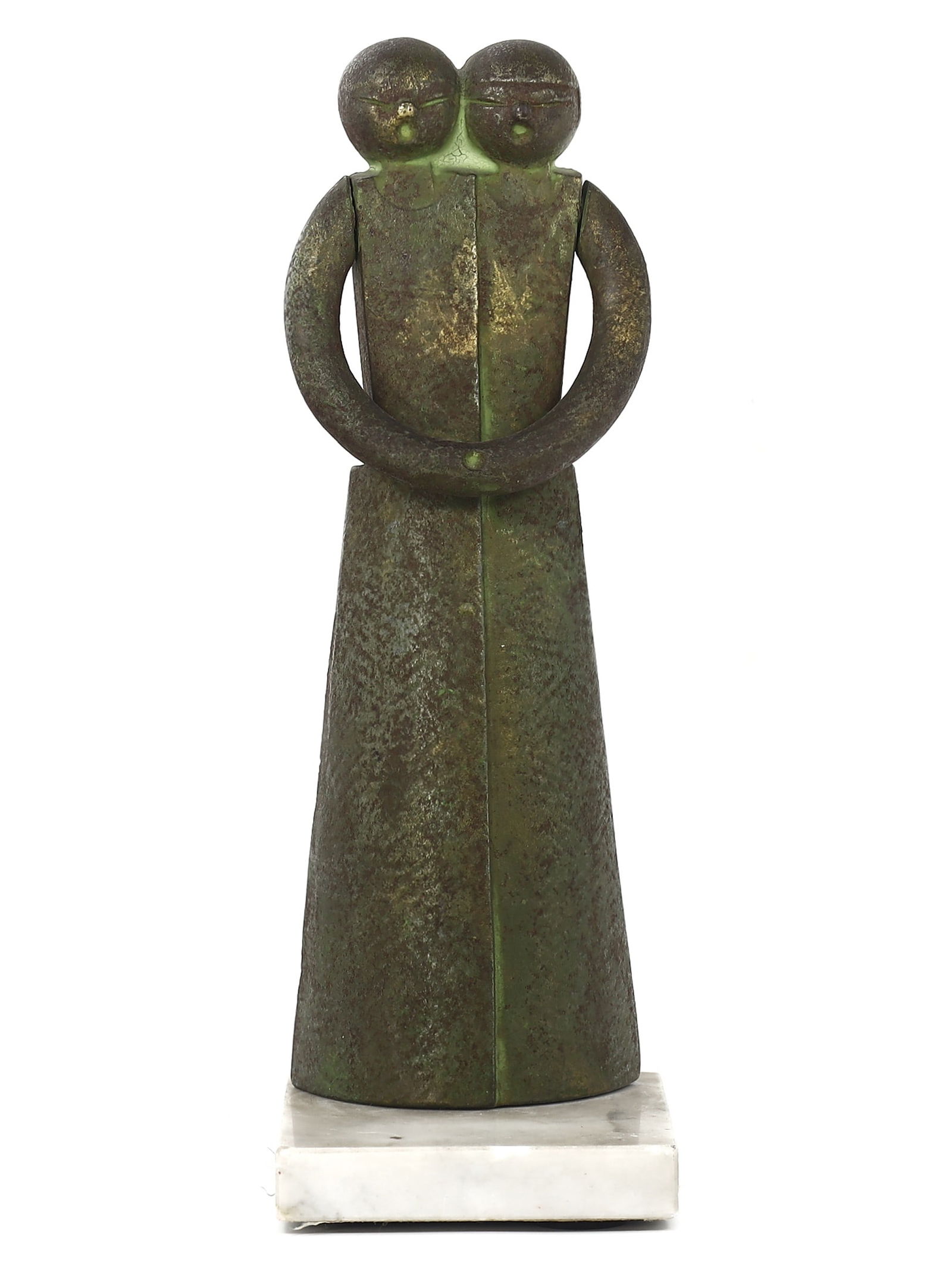 Sotaro Saegusa Iron Sculpture with Marble Base, 20th Century: Crafted with a distinct modernist flair, this iron idol by the artist Sotaro Saegusa stands on a fine Italian marble base, signaling a blend of industrial medium with classical elegance. With dimensio