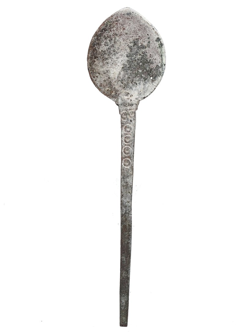 Ancient Byzantine Bronze Spoon with Dot Eye Marking, 4th-7th Century AD: This piece is an ancient bronze spoon, adorned with distinctive dot eye markings on its handle, measuring 11 cm by 3 cm or approximately 4.33 inches by 1.18 inches. Reflecting the transitional period 