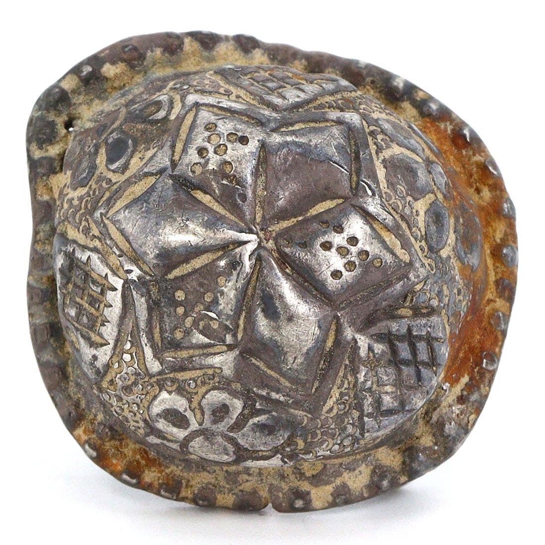 Ancient Byzantine Silver Mount Artifact, Circa 4th-7th Century AD: This ornate silver mount hails from the Byzantine era, a period spanning from the 4th to the 7th century AD, showcasing the intricate metalwork of the time. Measuring 2.4 cm by 2.3 cm and with a heigh