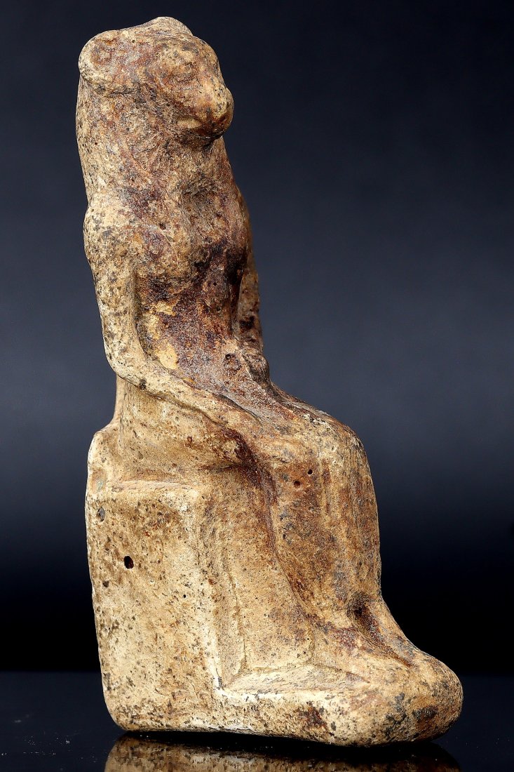 Ancient Egyptian Sekhmet Statuette, 18th Dynasty 1550-1292 BC: This exquisite statuette represents the lion-headed goddess Sekhmet, standing an impressive 8 cm high, 2 cm wide, and 1 cm deep (approximately 3.15x0.79x0.39 inches). It is masterfully crafted from fa