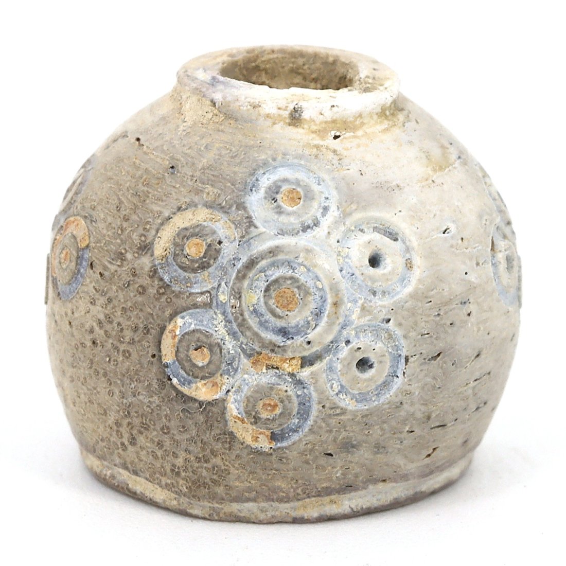 Byzantine Egyptian Spindle with Apotropaic Eye Motif, 4th-7th Century AD: This spindle from Byzantine Egypt, precisely dated to the 4th-7th Century AD, is an exemplary artifact measuring an approximate 1.6x1.5x1.3 cm or 0.63x0.59x0.51 inches. It is thought to be crafted fro