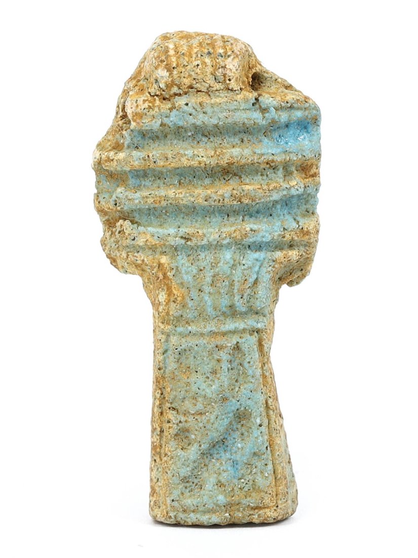 Ancient Egyptian Faience Djed Pillar Amulet, 30th-26th Century BC: A symbol of stability and strength, this ancient Egyptian Djed Pillar amulet is 4 cm high, 2 cm wide, and 1 cm in depth (1.57 x 0.79 x 0.39 inches). Crafted from blue-glazed faience, it dates from the