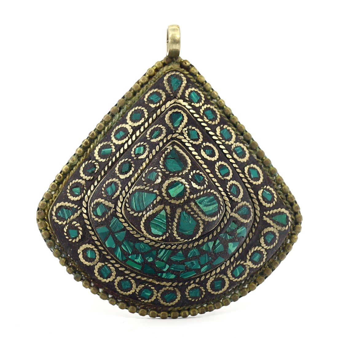 20th Century Tibetan Brass Malachite-Inlaid Amulet Pendant (1 of 2)