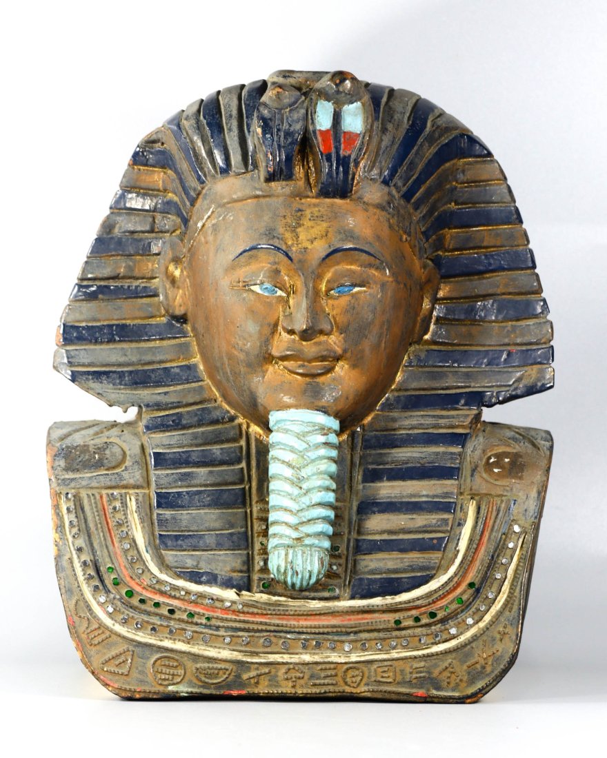 Egyptian Revival Painted and Inlaid Wood Pharaoh Bust, 19th-20th Century: An embodiment of the Egyptian Revival aesthetic, this painted and inlaid wood pharaoh bust is a remarkable representation of ancient artistry reimagined through a modern lens. The dimensions of this s