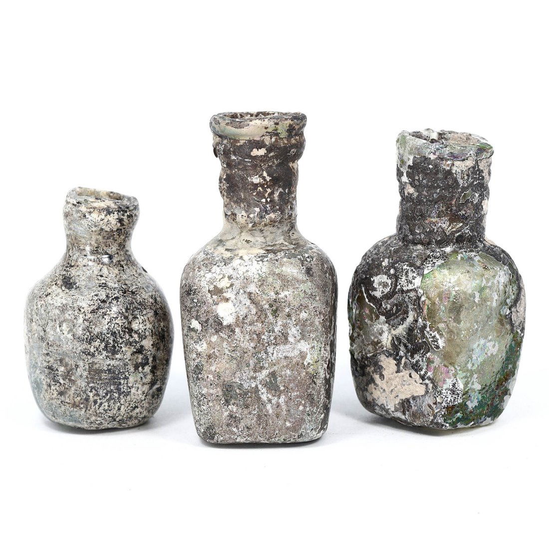 Trio of Roman-Byzantine Iridescent Glass Bottles, 4th-5th Century AD (1 of 3)