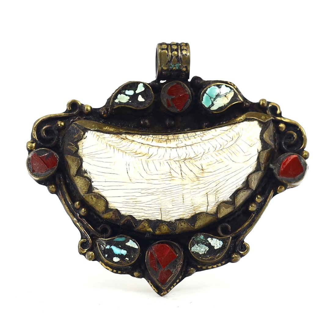 20th Century Tibetan Shell Amulet Pendant with Turquoise and Coral (1 of 2)