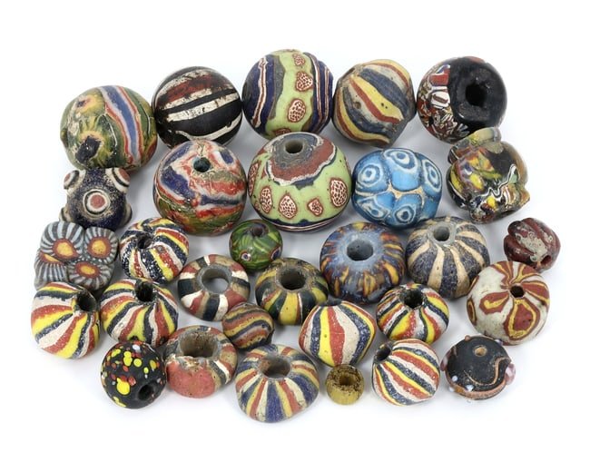 Group of 30 Vintage Art Deco Millefiori Glass Beads, Colorful Collectibles,with - Free Shipping: 5-18 mm / This exceptional collection of 30 Art Deco-era Millefiori glass beads reflects the exquisite craftsmanship of early 20th-century artisans. With dimensions ranging these ornamental pieces sho
