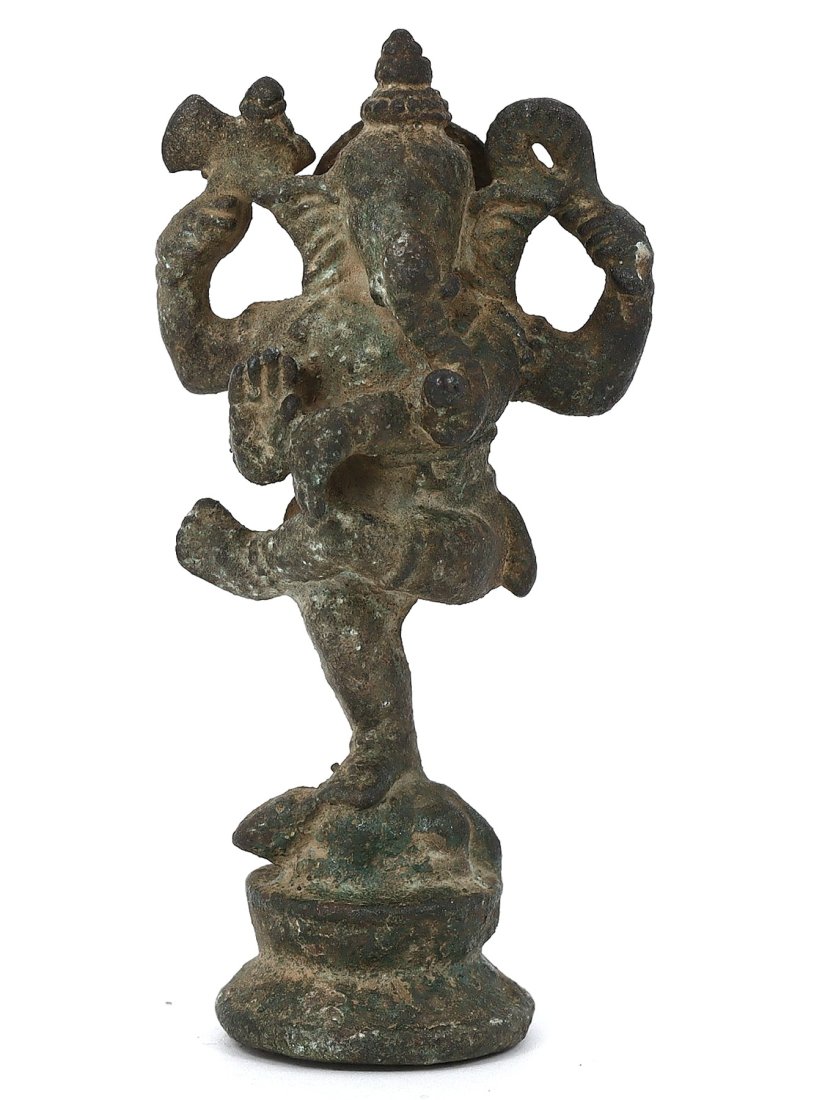 Antique Indo-Himalayan Elephant-Headed Deity with Rosette Disc, 15th-17th Century or Earlier: This remarkable antique votive figure is an embodiment of Indo-Himalayan religious craftsmanship, likely from the 15th to the 17th century or earlier. Measuring 7 cm in height and 3 cm in width (appro