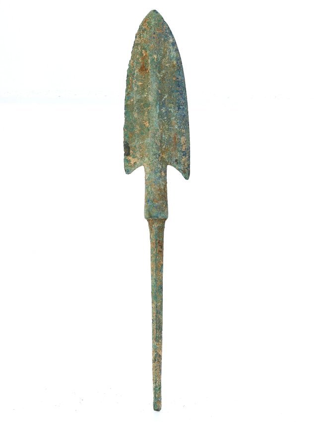A Luristan Bronze Spearhead, Early 1st Millennium BC: Unearthed from the ancient soils of Luristan, this bronze spearhead, stretching 15 cm in length, symbolizes the martial prowess and metallurgical advances of the early 1st millennium BC. Its leaf-shap