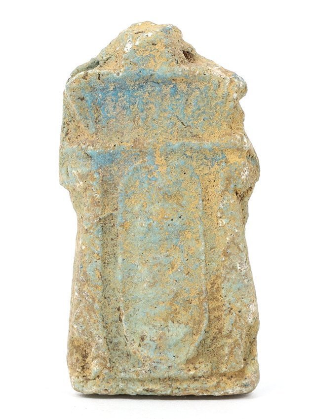 An Ancient Egyptian Glazed Faience Djed Pillar Amulet, Late Period, c. 30th-26th Century BC: This ancient Egyptian glazed faience Djed pillar amulet, standing at 4.5 cm in height, is an emblem of stability and resilience associated with the god Osiris. The Djed pillar was a critical symbol in
