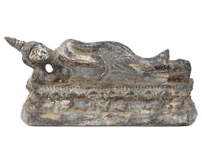 A Bronze Reclining Buddha, Sukhothai Period, 14th-15th Century: This bronze statue, crafted during the Sukhothai period of Thailand, represents the reclining Buddha, a significant iconographic motif in Buddhist art symbolizing the Buddha's entry into Nirvana. The