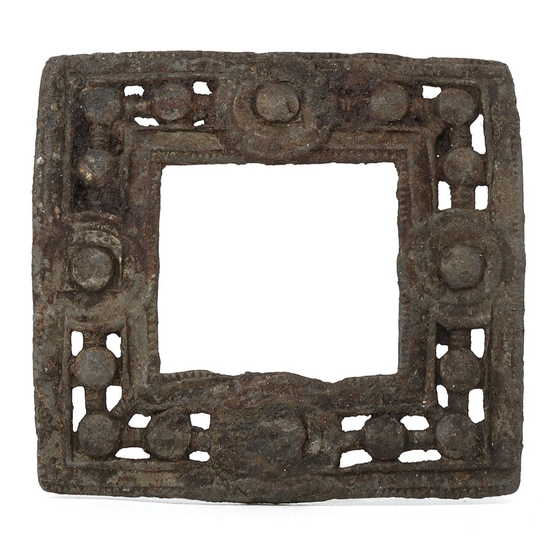 A Byzantine Bronze Square Belt Buckle, Circa 5th-7th Century AD: This Byzantine-era bronze belt buckle, with dimensions of 4 cm square and a thickness of 0.4 cm, is a testament to the sophistication of early Christian art. The openwork design is characteristic of t