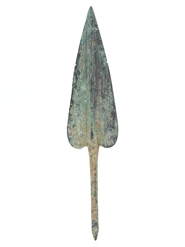 A Luristan Bronze Spearhead, Early 1st Millennium BC: Emerging from the annals of Luristan, this 11 cm bronze spearhead embodies the confluence of martial utility and ceremonial grandeur from the early 1st millennium BC. The spearhead's form, with its br