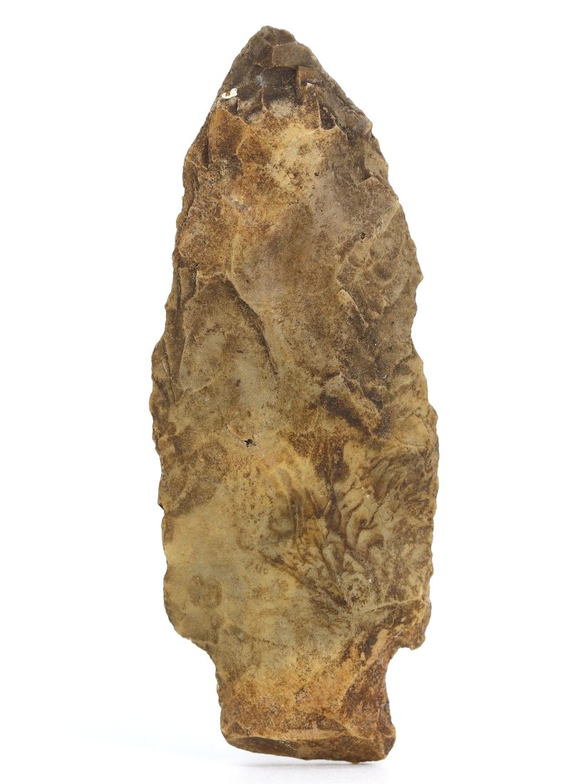 A Native American Knapped Stone Drill, Pre-Columbian Era: This robust stone drill represents the sophisticated tool-making skills of pre-Columbian Native American cultures. Measuring 6.5 cm in length, its elongated and tapered shape is ideal for perforating 