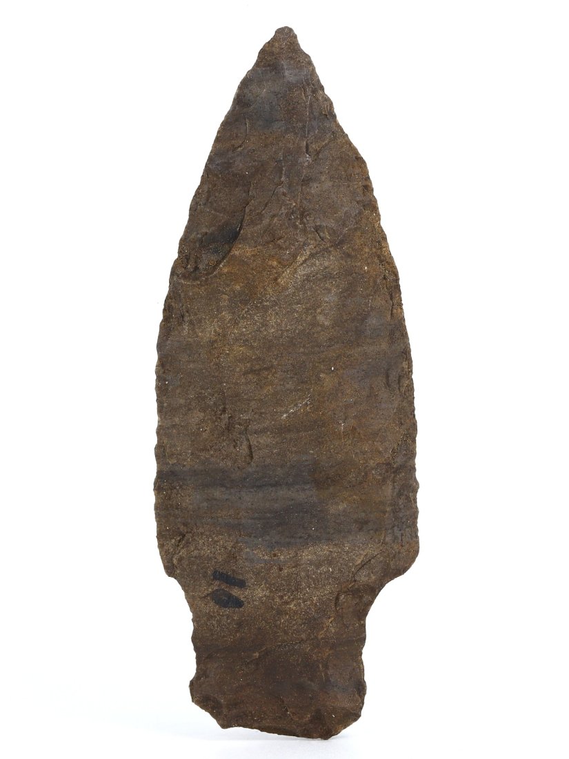 A Prehistoric Native American Flint Lanceolate Spearhead: This prehistoric lanceolate spearhead, with its elongated, leaf-like shape, is a remarkable testament to the ingenuity of Native American toolmaking. Its broad, unbarbed form and tapered point suggest