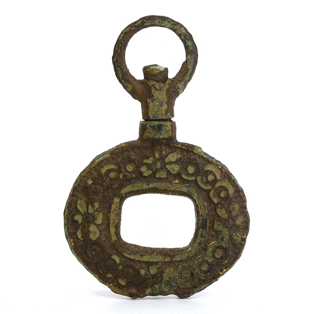 An Ancient Byzantine Bronze Amulet, Circa 8th-10th Century AD: This petite and ornate Byzantine amulet, spanning 2.7 by 1.8 cm, is a striking example of medieval devotionals, crafted in bronze with embossed floral motifs and geometric designs characteristic of th