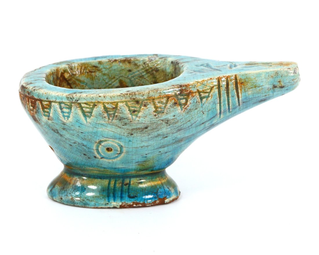 A Celestial Blue Kohl Pot: Post-Pharaonic Egyptian Steatite Vessel with Hieroglyphics (1 of 2)