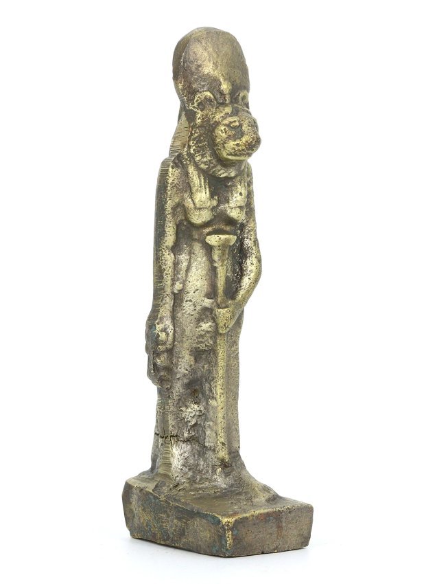 An Ancient Egyptian Avatar of Power: Bronze Figurine of the Lioness Goddess Sekhmet: Behold the formidable lioness goddess Sekhmet, fashioned from the timeless luster of bronze. Sekhmet, the warrior goddess of healing, was also known for her wrath and connection to the sun. This 11.5-