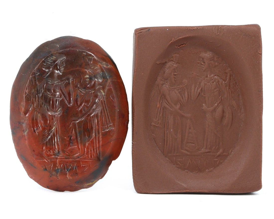 An Ancient Egyptian Jasper Stamp Seal with a Convocation of Deities (1 of 4)