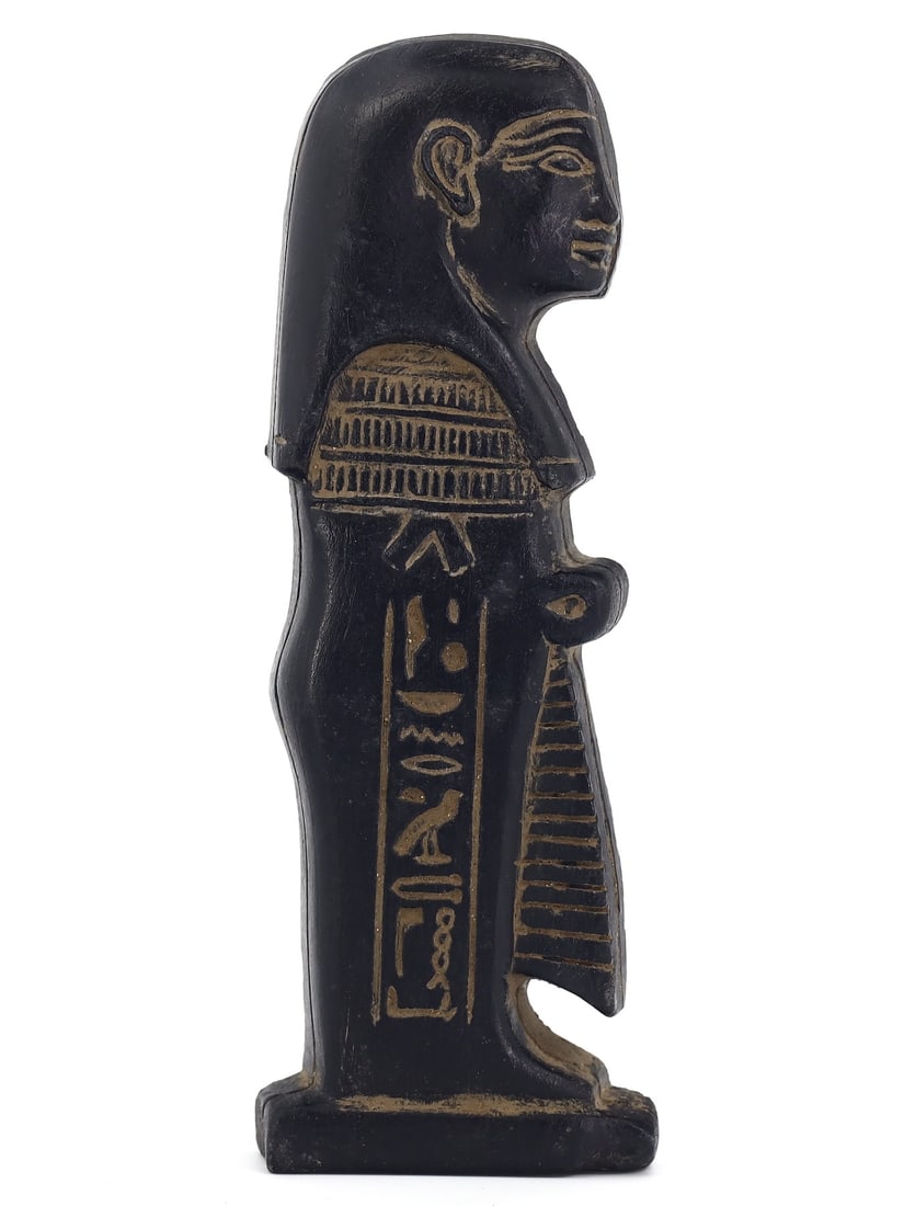 An Antique Steatite Plaque of the Pharaoh: This plaque, an antique steatite piece, features a painted representation of a pharaoh, traditional ruler of ancient Egypt. Measuring 17 centimeters in height and 5.5 centimeters in width, the plaque 