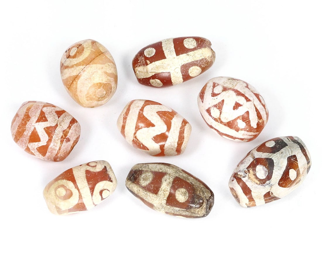 Group of 8 Medieval Himalayan Silk Road Tibetan Etched Carnelian Dzi Beads (1 of 2)